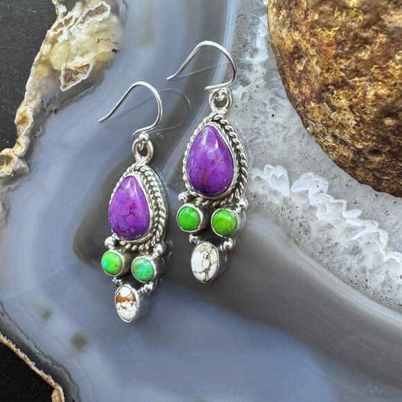 Sterling Southwestern Style Multistone Cluster Dangle Earrings For Women #2 - Picture 6 of 10